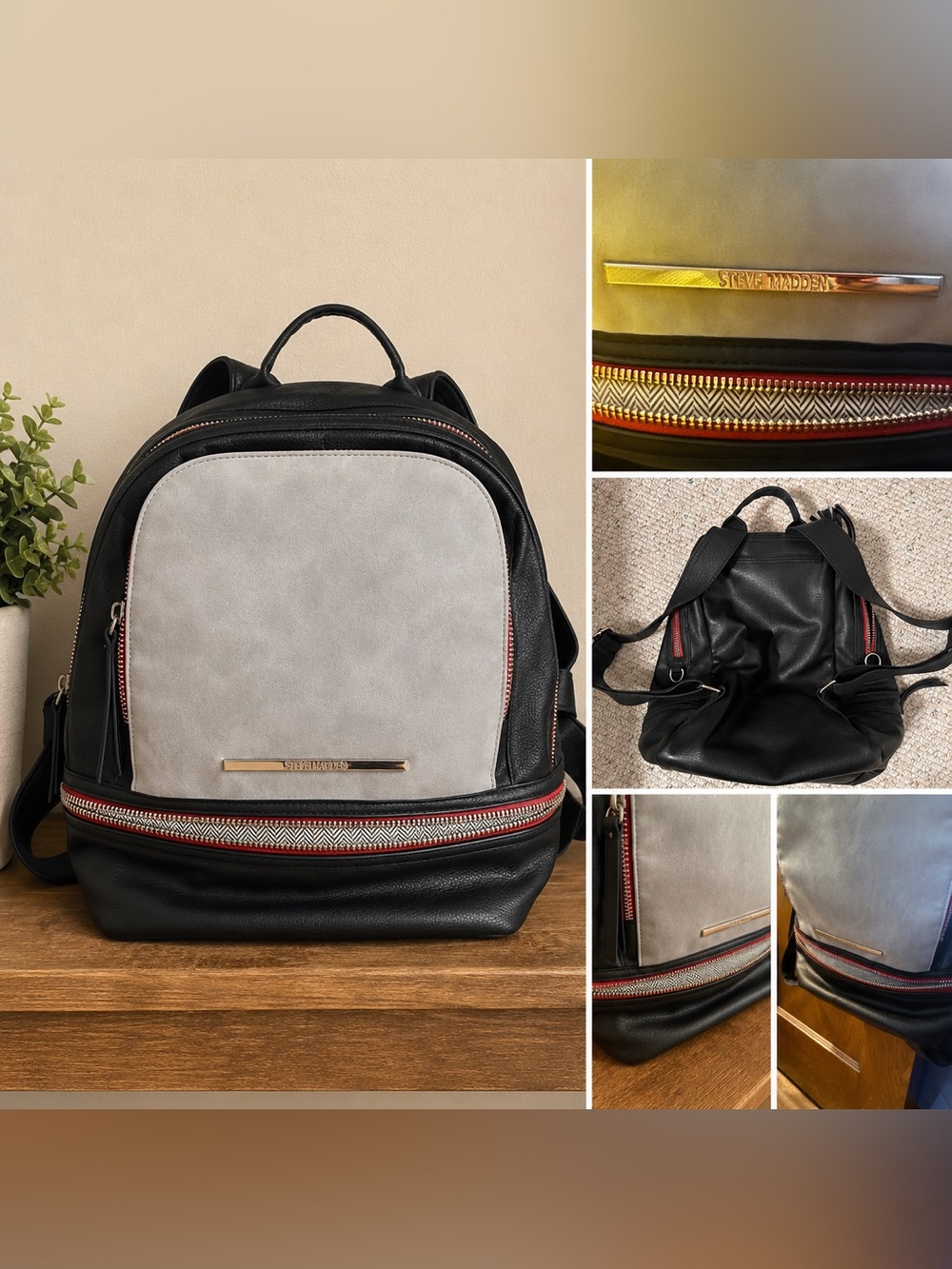 Steve Madden Backpack – Black & Gray with Red Zip Accent